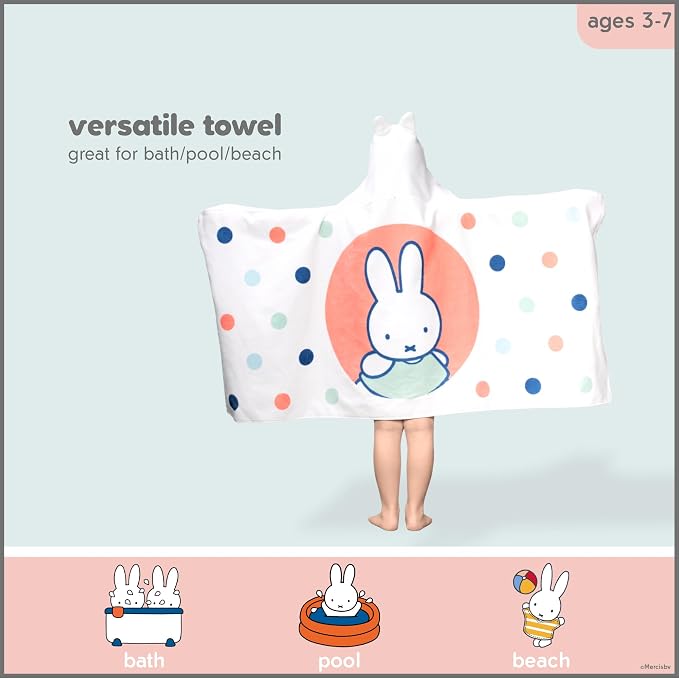 Miffy Kids Super Soft Bath/Pool/Beach Soft Cotton Terry Hooded Towel Wrap, 24 in x 50 in (Officially Licensed Product) By Franco