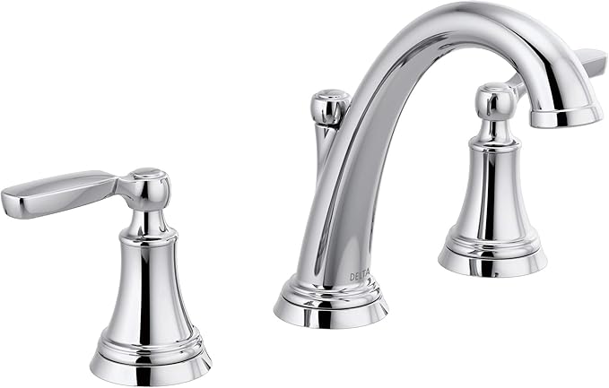 Delta Woodhurst Chrome Bathroom Faucet 3 Hole, 8 Inch Widespread Bathroom Sink Faucet for Vanity, Metal Push-Pop Drain Assembly, Chrome 3532LF