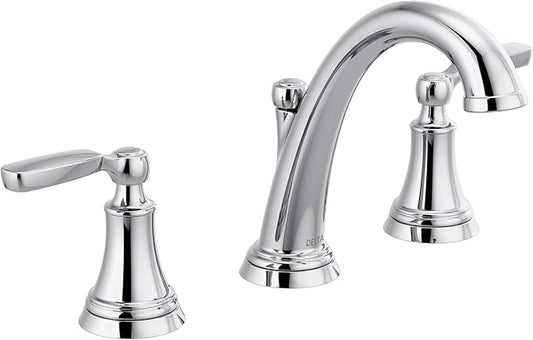 Delta Woodhurst Chrome Bathroom Faucet 3 Hole, 8 Inch Widespread Bathroom Sink Faucet for Vanity, Metal Push-Pop Drain Assembly, Chrome 3532LF