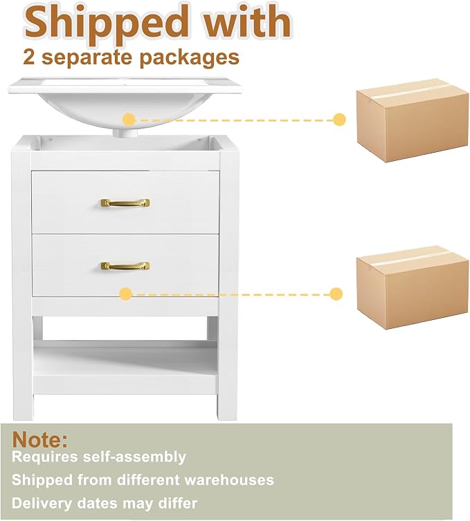 Bathroom Vanity with Sink, 24 Inch Small Bathroom Storage Cabinet with Double Drawers, Freestanding Modern Bathroom Cabinet with Open Bottom Shelf & LED Light, White