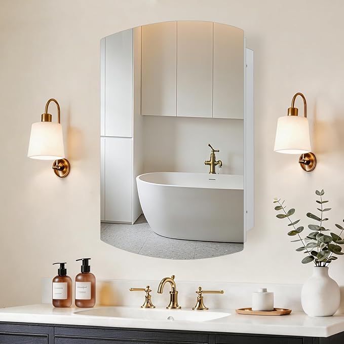 16x26 Inch Medicine Cabinet with Mirror, Arched Metal Frameless Wall Cabinet with Mirror, Surface Mount or Recessed Medicine Cabinet for Bathroom,Bathroom Mirror with Storage