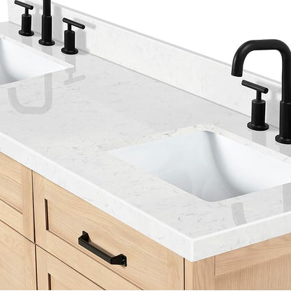 ARIEL Monroe 66-inch Bathroom Vanity with Sink,Solid Wood, 1.5-inch Carrara White Quartz Countertop & Backsplash, Double Oval Porcelain Sink, 9 Dovetail Drawers, Matte Black, White Oak