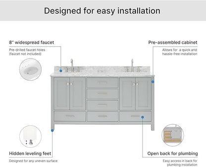 ARIEL Cambridge 66-inch Bathroom Vanity with Sink,Solid Wood, 0.75-inch Italian Carrara Marble Countertop & Backsplash, Double Oval Porcelain Sink, 4 Soft Closing Doors, 6 Dovetail Drawers, Grey