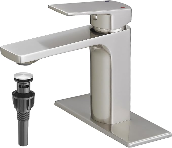 Bathroom Faucets Brushed Nickel 1 Hole Single Handle Bathroom Vanity Sink Faucet with Pop-up Drain and Faucet Supply Lines Rv Lavatory Vessel Faucet Basin Mixer Tap