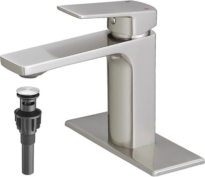 Bathroom Faucets Brushed Nickel 1 Hole Single Handle Bathroom Vanity Sink Faucet with Pop-up Drain and Faucet Supply Lines Rv Lavatory Vessel Faucet Basin Mixer Tap