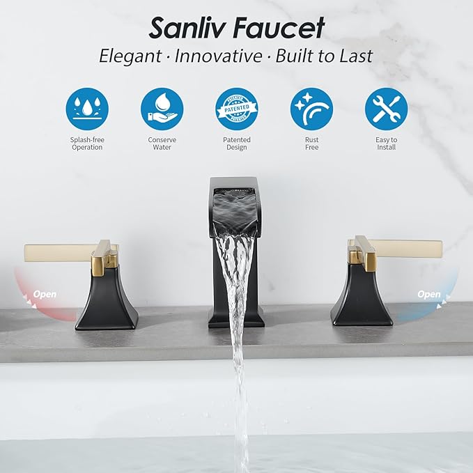 Black and Gold Bathroom Faucet 3 Hole, Sanliv Waterfall Bathroom Faucet, 8 Inch Widespread Bathroom Sink Faucet, Modern Two Handle Vanity Faucets with Pop Up Drain Black and Gold