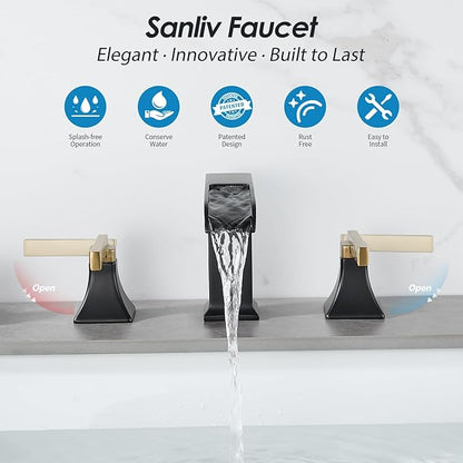 Black and Gold Bathroom Faucet 3 Hole, Sanliv Waterfall Bathroom Faucet, 8 Inch Widespread Bathroom Sink Faucet, Modern Two Handle Vanity Faucets with Pop Up Drain Black and Gold