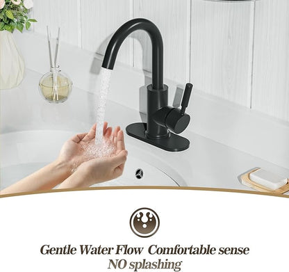 Phiestina Single Hole Matte Black Single-Handle High-Arc Stainless Steel Faucet for Pre-Kitchen Sink/Bar Sink/Bathroom Sink, with 4 Inch Deck Plate and Supply Hoses, Matte Black, WE08E-MB