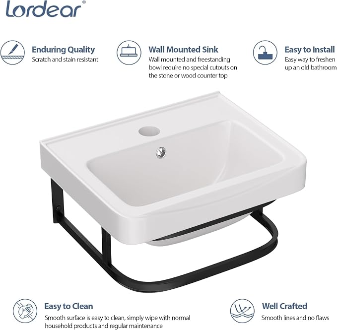 Lordear Wall Mounted Bathroom Sink with Towel Rack 17 x 14 Inch Modern Black Wall Hung Sink for ADA Bathrooms, Rectangular One Hole Porcelain Vanity Sinks