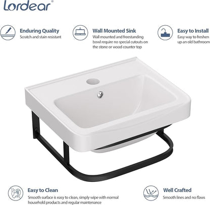 Lordear Wall Mounted Bathroom Sink with Towel Rack 17 x 14 Inch Modern Black Wall Hung Sink for ADA Bathrooms, Rectangular One Hole Porcelain Vanity Sinks