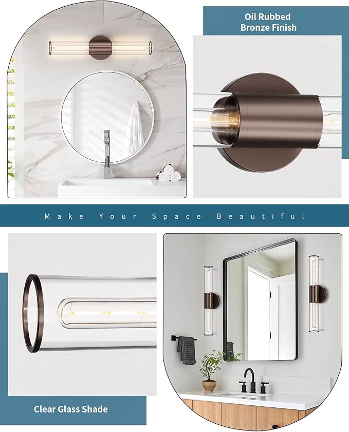 Bathroom Vanity Light Fixture, 2-Light Oil Rubbed Bronze Wall Sconce Lighting Fixture with Clear Glass, Indoor E26 Socket Wall Lamp for Mirror Living Room Hallway(Bulb Not Included)
