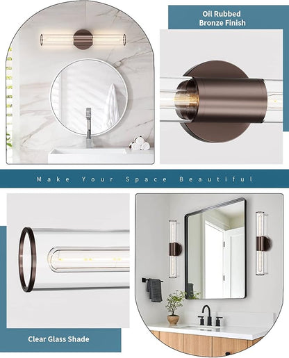 Bathroom Vanity Light Fixture, 2-Light Oil Rubbed Bronze Wall Sconce Lighting Fixture with Clear Glass, Indoor E26 Socket Wall Lamp for Mirror Living Room Hallway(Bulb Not Included)