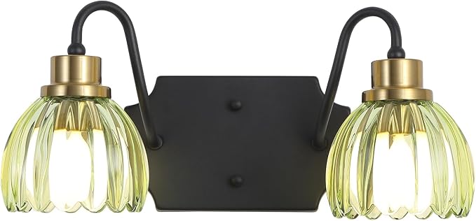2-Light Bathroom Vanity Light, Black Vanity Light, Vintage Black Finish Wall Mount Sconces with Tulip Glass Shade, Mid Century Hardwired Wall Sconces for Bedroom, Living Room, Hallway