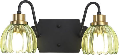 2-Light Bathroom Vanity Light, Black Vanity Light, Vintage Black Finish Wall Mount Sconces with Tulip Glass Shade, Mid Century Hardwired Wall Sconces for Bedroom, Living Room, Hallway