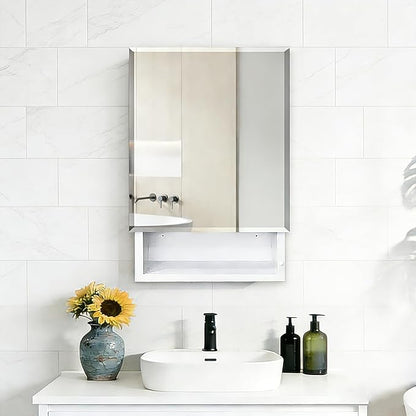 16x26 inch Bathroom Medicine Cabinet with Mirror, Platstic Framed Beveled Edge Mirror Cabinet with Removable Shelves, Extra Storage Space, Recessed or Surface Mount