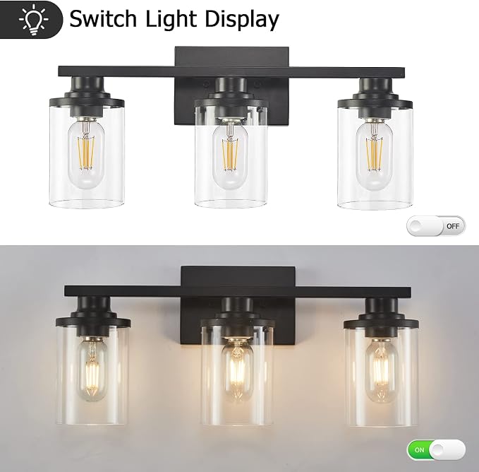 3 Light Black Bathroom Vanity Light Fixtures with Clear Glass Shade, Modern Wall Sconces Lighting for Bathroom Over Mirror