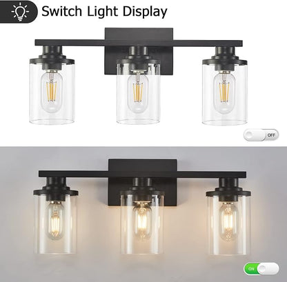 3 Light Black Bathroom Vanity Light Fixtures with Clear Glass Shade, Modern Wall Sconces Lighting for Bathroom Over Mirror
