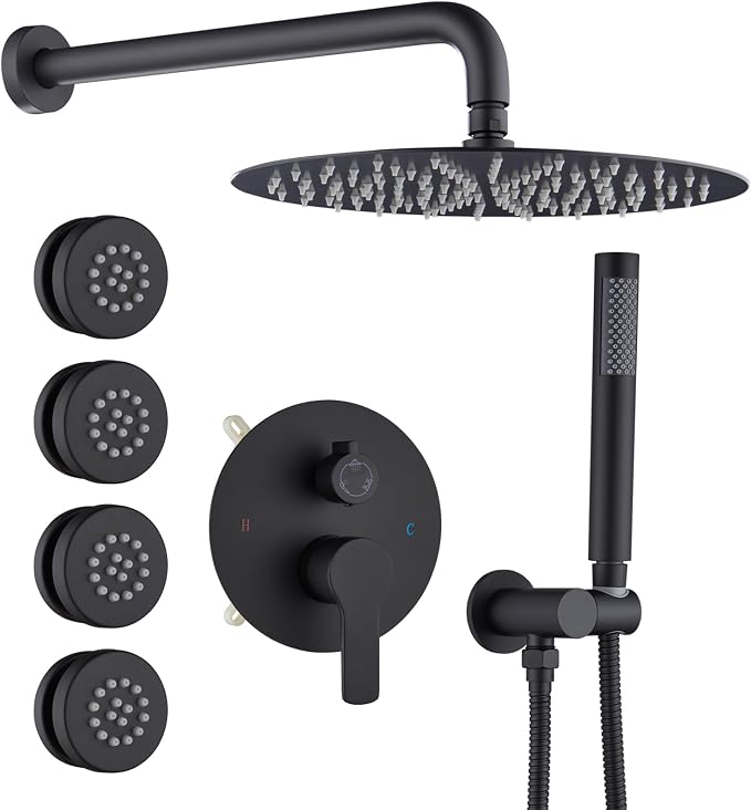 Iriber Mattle Black Round Rain Shower System with 4 PCS Body Jets 3 Function Shower Faucet Set Contain 12 Inch Shower Head and Handheld Wall Mounted Pressure Balance Shower Trim Kit (Valve Included)