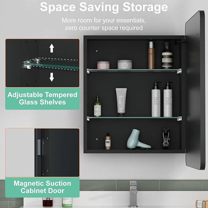 16x24 Inch Medicine Cabinet with Mirror, Recessed or Surface Mount Bathroom Medicine Cabinet with LED Lights, Anti-Fog, Memory Function, Adjustable Shelf, Dimmable Light, ETL Listed, Black,Right Hinge