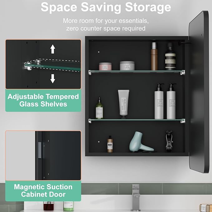 20x28 Medicine Cabinet with Lights,Wall or Recessed Mounted LED Bathroom Mirror Cabinet, Defogger, Storage Shelf, 3 Color Dimmable Light with Memory Function, Black, Right Hinge