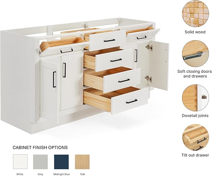ARIEL Hepburn 66-inch Bathroom Vanity Base Cabinet,Solid Wood, 4 Soft Closing Doors, 6 Dovetail Drawers, White