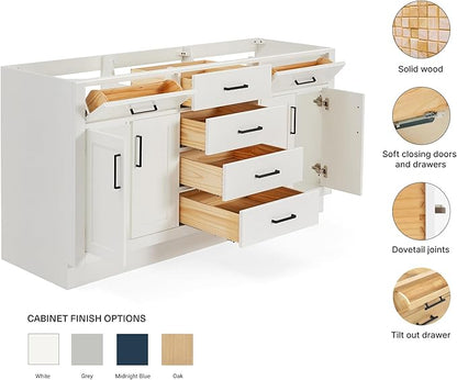 ARIEL Hepburn 66-inch Bathroom Vanity Base Cabinet,Solid Wood, 4 Soft Closing Doors, 6 Dovetail Drawers, White