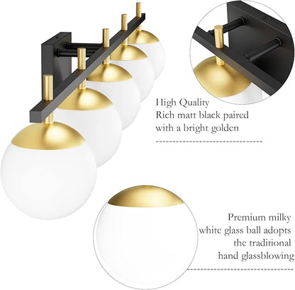 Ralbay Mid Century Modern Bathroom Vanity Light Fixture 5 Light Milky Glass Globe Modern Bathroom Light Fixture Over Mirror, Black/Golden 5 Light