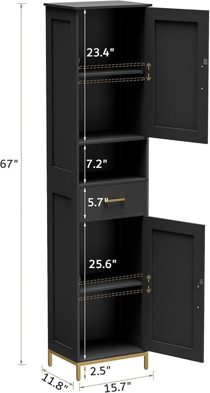 Homhedy 67" H Bathroom Storage Cabinet, Tall Bathroom Cabinet, Black | Narrow Cabinet with Doors and Drawer, Adjustable Shelves, Floor Cabinet for Bathroom, Living Room, Kitchen, Dining Room
