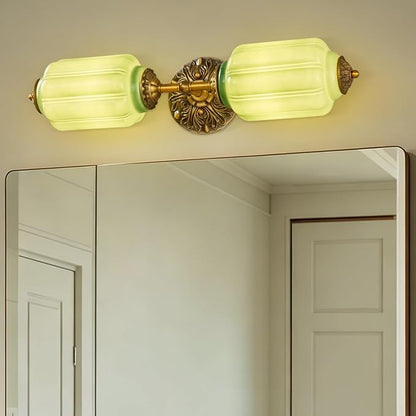 2-Light Vintage Bathroom Light Fixtures, Milk Glass Retro Vanity With Light Green Shade & Gold Carved Metal, Hardwired Antique Wall Sconce For Living Room, Bedroom, Dining Room, Kitchen (Green)
