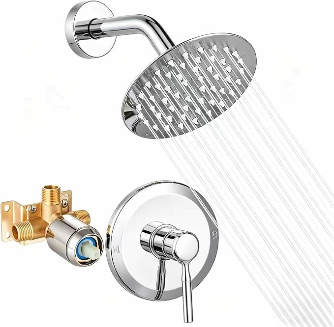 Chrome Shower Head and Faucet Set Complete with Valve Shower Fixtures with 6 Inch High Pressure Rain Shower Head Trim Kit for Standard Bathroom Upgrades - Regaderas Para Baño Modernas
