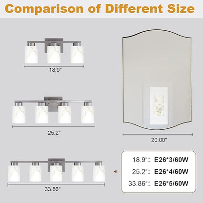4-Light Bathroom Light Fixtures, Modern Vanity Lights, Brushed Nickel Metal Wall Lamp with White Marble Glass for Bathroom, Mirror, Living Room, Bedroom, Cabinet, Porch, Hallway, E26 Base