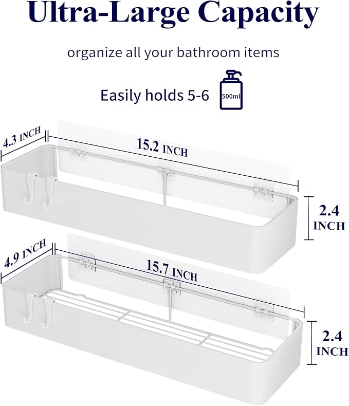 Kitsure Shower Caddy Adhesive, Stylish Shower Organizer, XX-Large, White | 2 Pack Shower Shelf for Inside Shower, 100% Rustproof Metal Shelves, No-Drill Bathroom Organizers and Storage