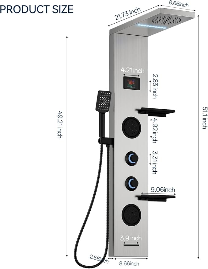 Homevacious 4 In 1 Shower Panel System with Shelf,LED Rainfall Shower Head and Massage Body Jets,3 Functions Handheld Head and Tub Spout,Stainless Steel Bathroom Shower Fixtures,Brushed Nickel
