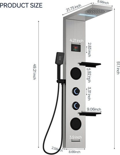 Homevacious 4 In 1 Shower Panel System with Shelf,LED Rainfall Shower Head and Massage Body Jets,3 Functions Handheld Head and Tub Spout,Stainless Steel Bathroom Shower Fixtures,Brushed Nickel
