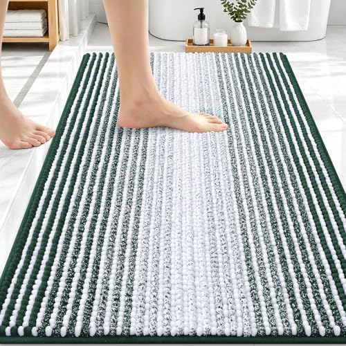 OLANLY Bathroom Rugs 30x20, Soft Chenille Striped Bath Rugs, Blackish Green