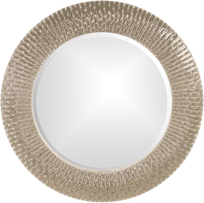 Howard Elliott Collection Bergman Round Wall Mirror, Textured Ribbed Frame with Glossy Nickel Finish, Decorative Accent Mirror, Ready to Hang, 32H x 32W x 1D, Nickel