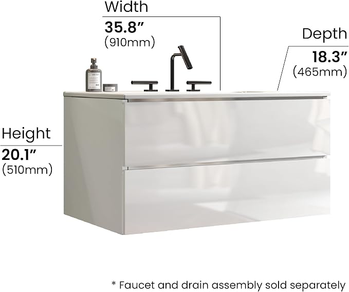 36" Bathroom Vanity with Sink, Modern Floating Vanity with Double Soft-Closing Drawers, Large Storage for Small Space, Glossy White, Fully Assembled - Iris Collection