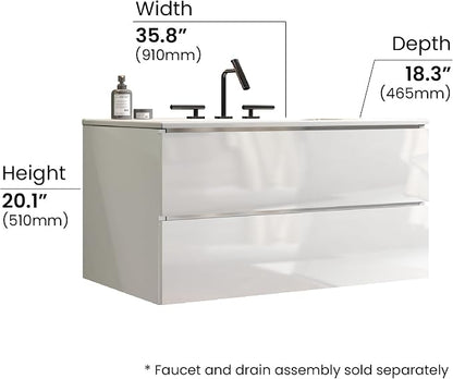 36" Bathroom Vanity with Sink, Modern Floating Vanity with Double Soft-Closing Drawers, Large Storage for Small Space, Glossy White, Fully Assembled - Iris Collection