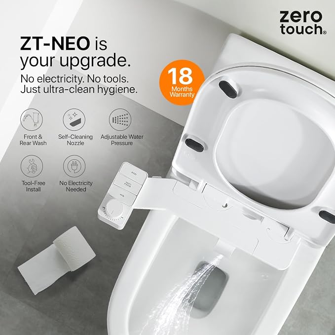 Bidet Attachment for Toilet – Dual Nozzle Front & Rear Wash, Self-Cleaning, Adjustable Water Pressure Dial, Non-Electric, Ultra-Slim, Fits Round & Elongated Toilets, Easy 8-Min Install | by ZeroTouch