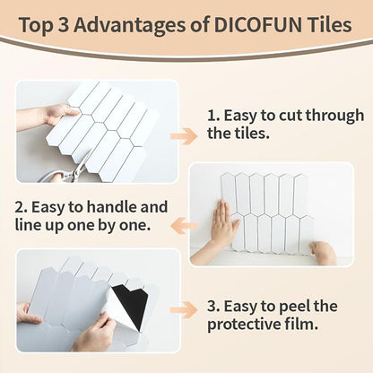 DICOFUN 1 Sheet Polished White Long Hexagon Peel and Stick Backsplash, 12"x12" PVC Stick on Backsplash Wall Tiles for Kitchen and Bathroom