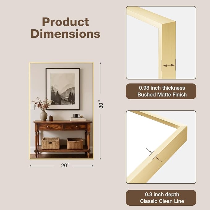 MZON 20" x 30" Brushed Gold Bathroom Vanity Mirror, Mirror for Over Sink | Aluminum Alloy Frame, Clear Reflection, Rust-Resistant, Vertical or Horizontal, Wall Mount, Bedroom and Entryway