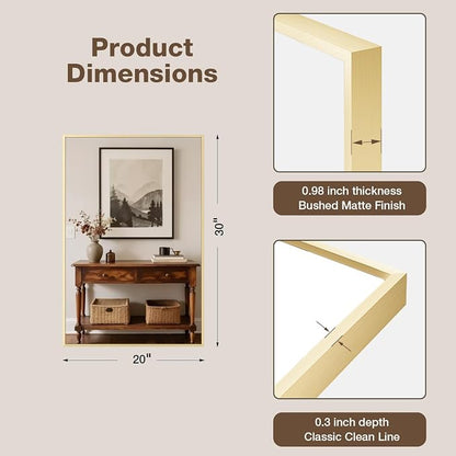 MZON 20" x 30" Brushed Gold Bathroom Vanity Mirror, Mirror for Over Sink | Aluminum Alloy Frame, Clear Reflection, Rust-Resistant, Vertical or Horizontal, Wall Mount, Bedroom and Entryway