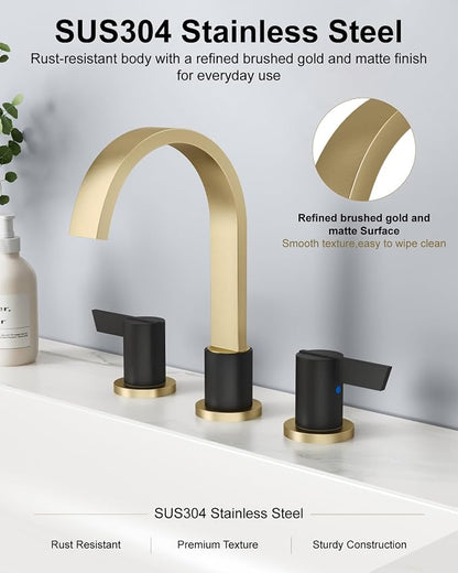 Gold and Black 3 Hole Bathroom Faucet,8" Widespread Vanity Faucet | 2 Handle Waterfall Bathroom Sink Faucet with Pop-Up Drain,Supply Lines,360° Swivel Spout,Lead-Free Stainless Steel,Deck Mount
