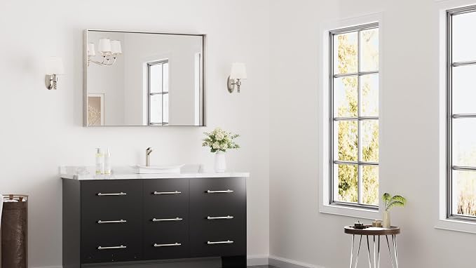 Keonjinn 40x30 Inch Brushed Nickel Bathroom Mirror for Over Sink, Rectangle | HD Tempered Glass, Vanity Mirror, Brushed Framed, Square Corner, Modern Farmhouse, Wall Mounted Mirrors, Aluminum Alloy