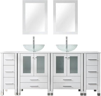LUCKWIND 72" Double 24-in Bathroom Vanity with Sink Combo, Elegant Series with Two 12.6-in Side Cabinets, Painted Frame, Including Transparent Round Sinks, Faucets Without Mirrors, White
