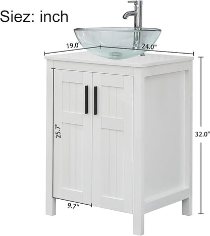 UEV White 24" Bathroom Vanity with Sink Combo,Modern Vanity with Vessel Sink,Stylish Bathroom Vanity Cabinet,Grooved Doors & Metal Handles,Modern Glass Round Bowl Tempered Glass Vessel Sink(A16)