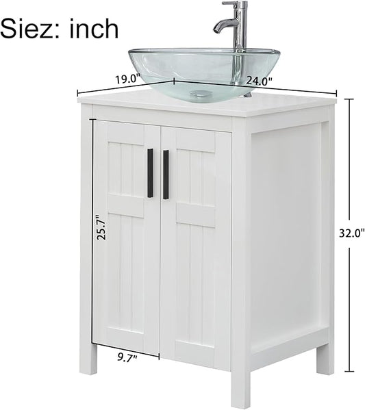 UEV White 24" Bathroom Vanity with Sink Combo,Modern Vanity with Vessel Sink,Stylish Bathroom Vanity Cabinet,Grooved Doors & Metal Handles,Modern Glass Round Bowl Tempered Glass Vessel Sink(A16)