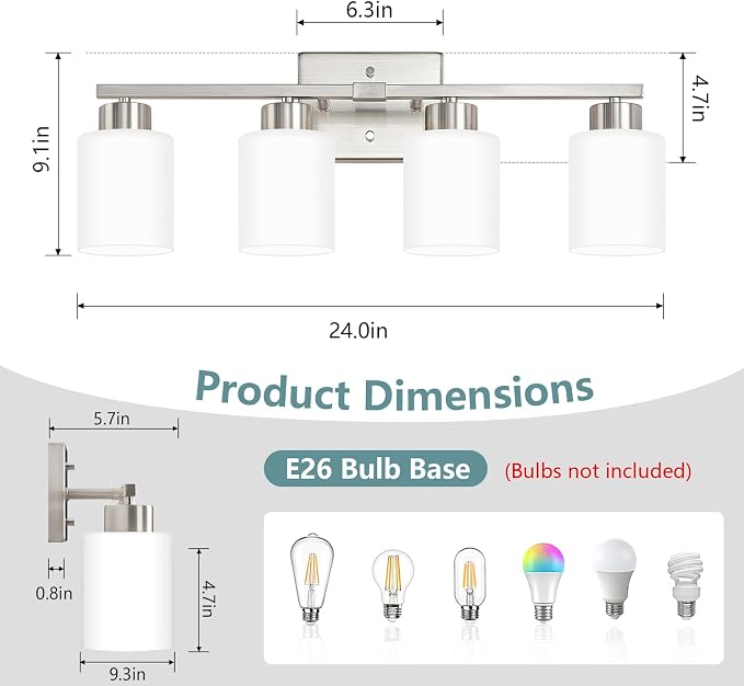 Brushed Nickel Bathroom Light Fixtures, 4-Light Modern Vanity Lights with Milky White Frosted Glass Shades, Wall Sconces for Mirror, Bathroom, Restroom (E26 Socket)