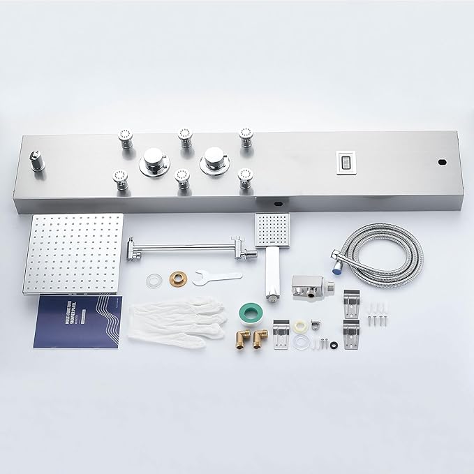 MENATT 304 Stainless Steel Shower Panels System with 6 Body Jets, Shower Tower with Adjustable 9 inch Rainfall Shower Head, Handheld Shower Wand, Brushed Nickel