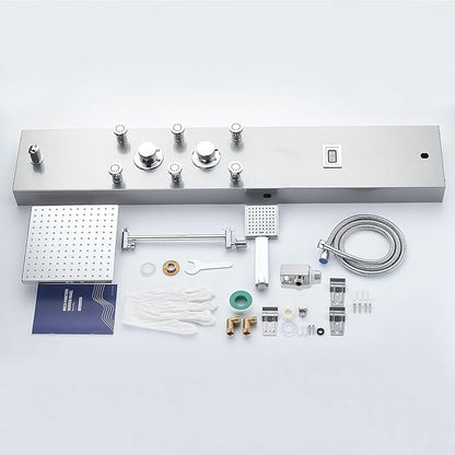 MENATT 304 Stainless Steel Shower Panels System with 6 Body Jets, Shower Tower with Adjustable 9 inch Rainfall Shower Head, Handheld Shower Wand, Brushed Nickel